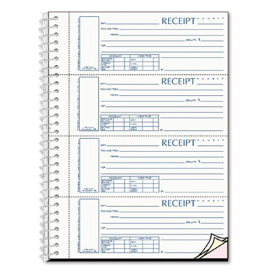 Spiralbound Unnumbered Money Receipt Book, Three-Part Carbonless, 7 x 2.75, 4 Forms/Sheet, 120 Forms Total