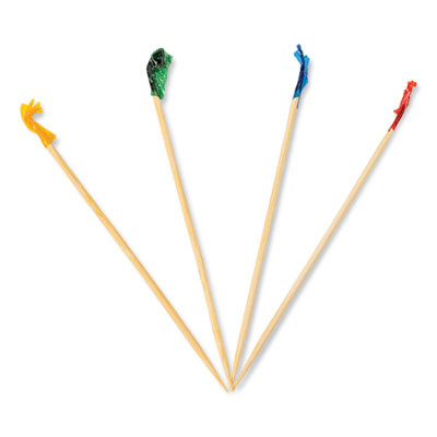 Cellophane-Frill Wood Picks, 4", Bamboo, Assorted Colors, 10,000/Carton