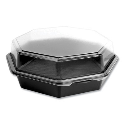 Octaview Hinged-Lid Cold Food Containers, 42 Oz, 9.57" x 9.2" x 3.2", Black/Clear, Plastic, 100/Carton