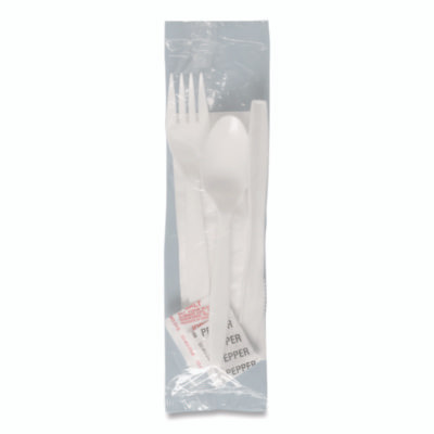 Regal Mediumweight Cutlery Kit, Individually Wrapped, Fork/Knife/Napkin/Spoon/Salt/Pepper, Plastic, White, 750/Carton