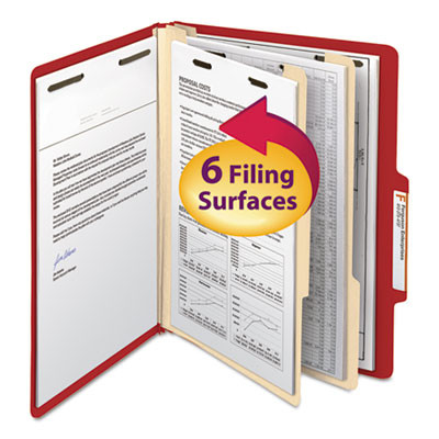 Colored Top Tab Classification Folders, 2/5-Cut Tab, Expands 2", 2 Dividers, 6 Safeshield Fasteners, Letter Size, Red, 10/Box