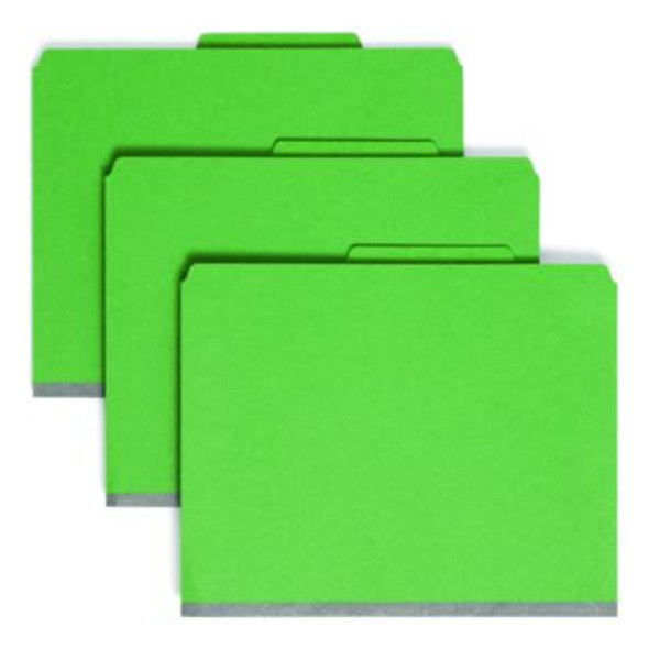 Six-Section Pressboard Top Tab Classification Folders, Six Safeshield Fasteners, 2 Dividers, Letter Size, Green, 10/Box
