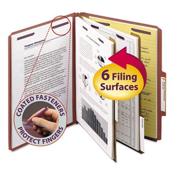 Pressboard Classification Folders, Six Safeshield Fasteners, 2/5-Cut Tabs, 2 Dividers, Letter Size, Red, 10/Box