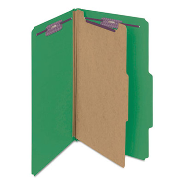 Pressboard Top Tab Classification Folders, Expands 2", 1 Divider, 4 Safeshield Fasteners, Legal Size, Green, 10/Box