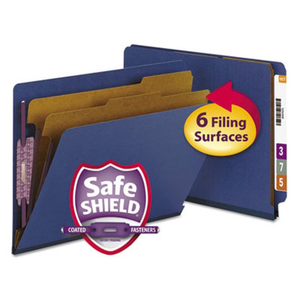 End Tab Pressboard Classification Folders, Six Safeshield Fasteners, 2" Expansion, 2 Dividers, Letter Size, Dark Blue, 10/Box