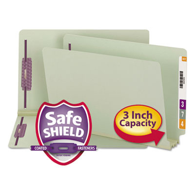 End Tab Pressboard Classification Folders, Straight Tab, Expands 3", 2 Safeshield Fasteners, Legal Size, Gray-Green, 25/Box
