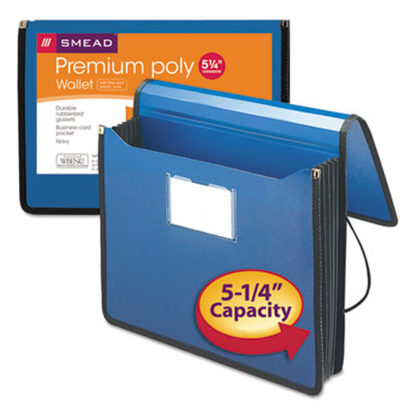 Poly Premium Wallets, 5.25" Expansion, 1 Section, Elastic Cord Closure, Letter Size, Navy Blue