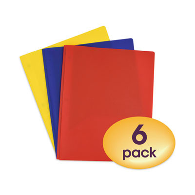 Poly Two-Pocket Folder With Fasteners, Accommodates (130) 11 x 8.5 Sheets, Assorted Colors, 6/Pack