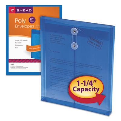 Poly String And Button Interoffice Envelopes, Open-End (Vertical), 9.75 x 11.63, Transparent Blue, 5/Pack