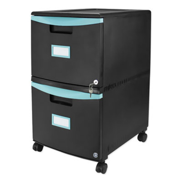 Two-Drawer Mobile Filing Cabinet, 2 Legal/Letter-Size File Drawers, Black/Teal, 14.75" X 18.25" X 26"
