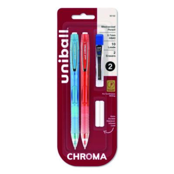 Chroma Mechanical Pencils With Tube Of Lead/Erasers, 0.7 Mm, Hb (#2), Black Lead, Assorted Barrel Colors, 2/Pack