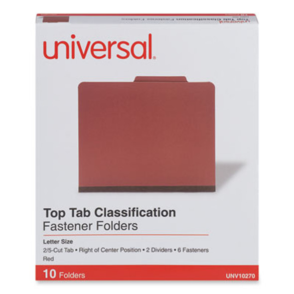 Pressboard Classification Folders, 2/5 Tab: Right Of Center, Expands 2", 2 Dividers, 6 Fasteners, Letter Size, Red, 10/Box