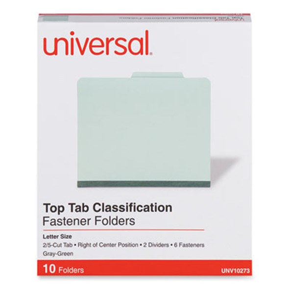 Pressboard Classification Folders, 2/5 Tab: Right Of Center, Expand 2", 2 Divider, 6 Fastener, Letter Size, Gray-Green, 10/Bx
