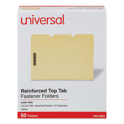 Deluxe Reinforced Top Tab Fastener Folders, 1/3-Cut Tab: Assorted, Expands 0.75", 2 Fasteners, Letter Size, Yellow, 50/Box