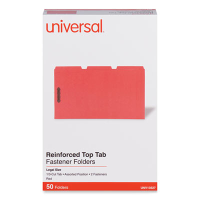 Deluxe Reinforced Top Tab Fastener Folders, 1/3-Cut Tab: Assorted, Expands 0.75", 2 Fasteners, Legal Size, Red, 50/Box