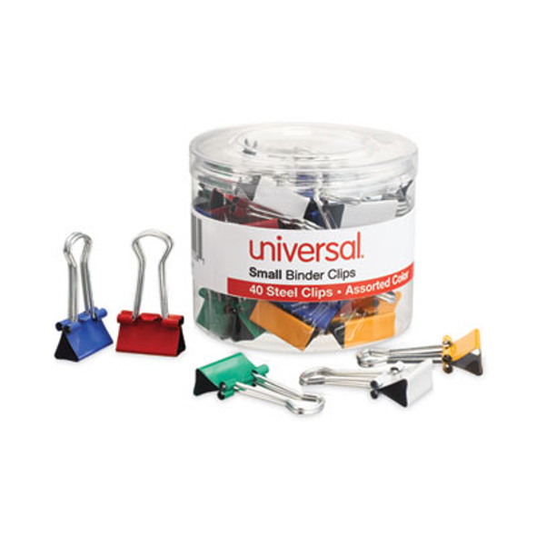 Binder Clips With Storage Tub, Small, Assorted Colors, 40/Pack