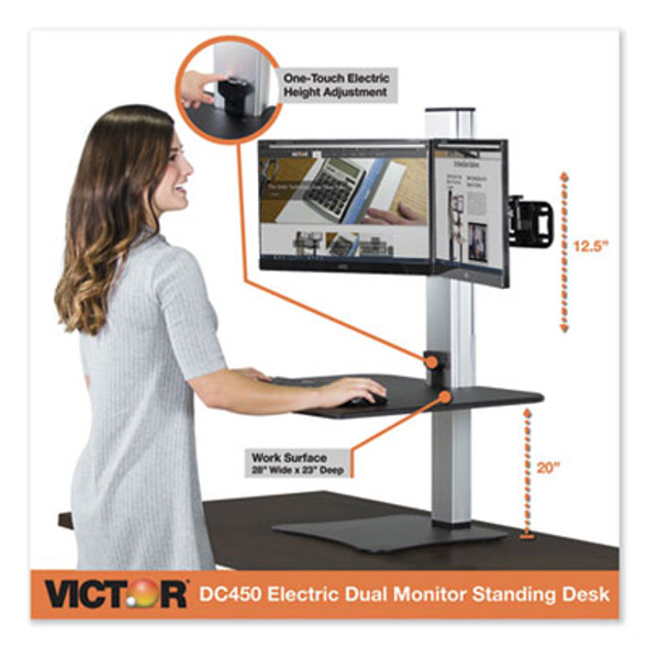 High Rise Electric Dual Monitor Standing Desk Workstation, 28" X 23" X 20.25", Black/Aluminum