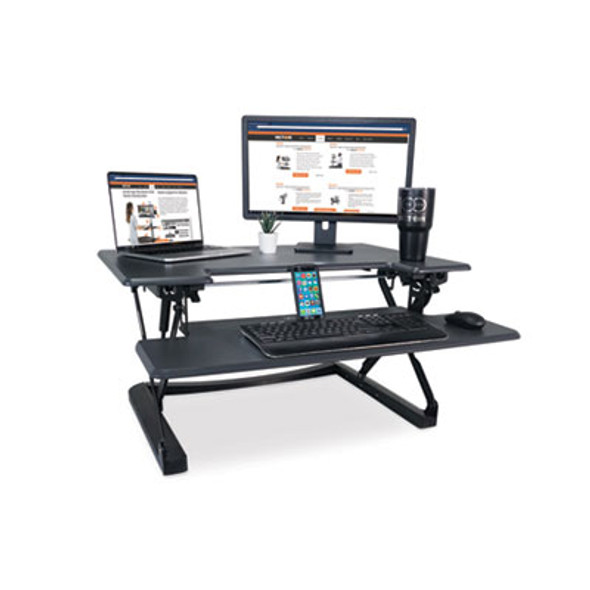High Rise Height Adjustable Standing Desk With Keyboard Tray, 36" X 31.25" X 5.25" To 20", Gray/Black