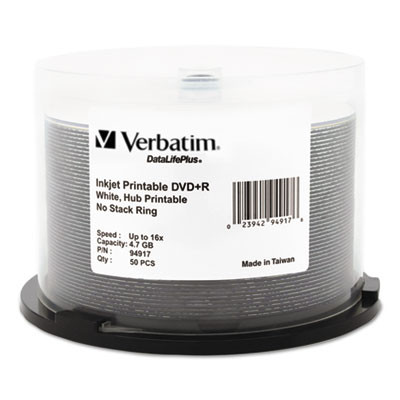 Dvd+r Recordable Disc, 4.7 Gb, 16x, Spindle, Hub Printable, White, 50/Pack
