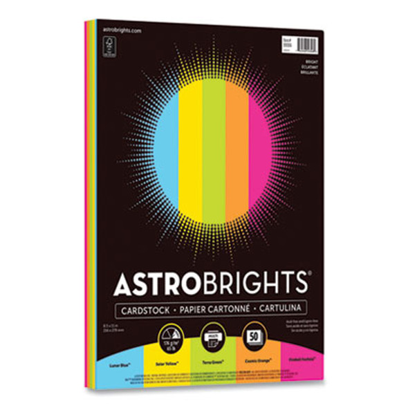 Color Cardstock, 65 Lb Cover Weight, 8.5 x 11, Assorted Bright Colors, 50/Pack