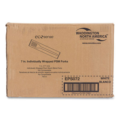 Ecosense Renewable Plant Starch Cutlery, Individually Wrapped, Mediumweight Fork, Plastic, Natural, 750/Carton