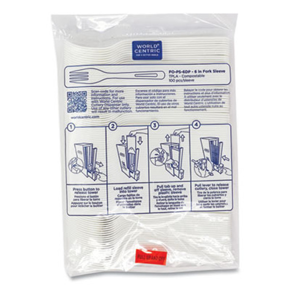 Cutlery Dispenser Refills, Fork, Plastic, White, 100/Bag, 10 Bags/Carton