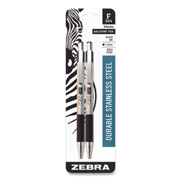 F-301 Ballpoint Pen, Retractable, Bold 1.6 Mm, Black Ink, Stainless Steel/Black Barrel, 2/Pack