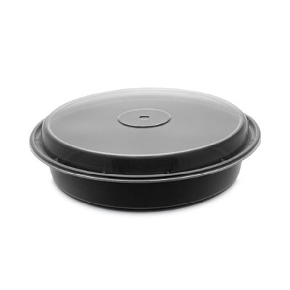 Newspring Versatainer Microwavable Containers, Vented Lid, 48 Oz, 9" Diameter, Black/Clear, Plastic, 150/Carton