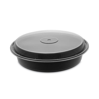 Newspring Versatainer Microwavable Containers, Vented Lid, 48 Oz, 9" Diameter x 2.4"h, Black/Clear, Plastic, 150/Carton
