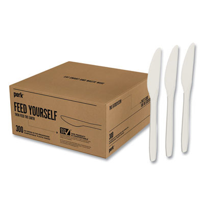 Eco-Id Compostable Cutlery, Mediumweight Knife, Plastic, White, 300/Pack