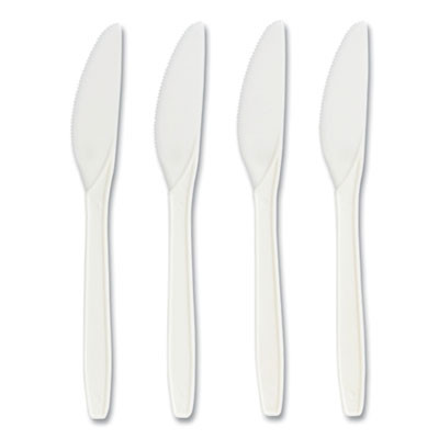 Eco-Id Compostable Cutlery, Mediumweight Knife, Plastic, White, 300/Pack