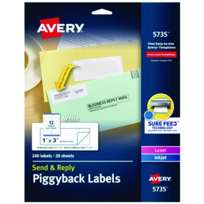 Send And Reply Piggyback Labels, Inkjet/Laser Printers, 1.63 X 4, White, 12/Sheet, 20 Sheets/Pack