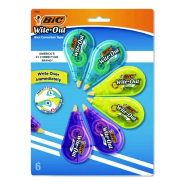 Wite-Out Brand Mini Correction Tape, Non-Refillable, 0.2" x 26.2 Ft, White Tape, Assorted Dispenser Colors, 6/Pack