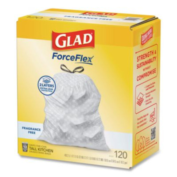 Tall Kitchen Drawstring Trash Bags With Leakguard, 13 Gal, Unscented, 23.47" x 25.38", White, 120/Box