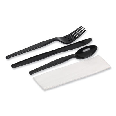 Individually Wrapped Heavyweight Cutlery Set, Fork/Knife/Napkin/Spoon, Plastic, Black, 250/Carton