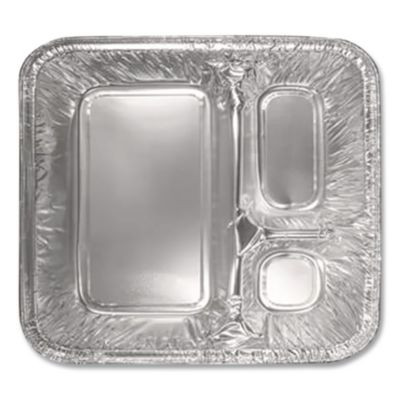 Aluminum Oblong Container With Lid, 3 Compartments, 24 Oz, 8.5 x 6.38 x 1.47, Silver, 500/Carton