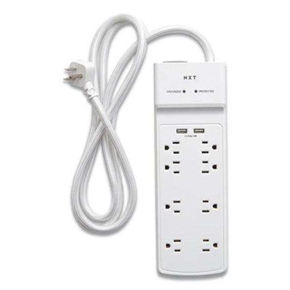 Surge Protector, 8 Ac Outlets/2 Usb Ports, 6 Ft Cord, 2,100 J, White