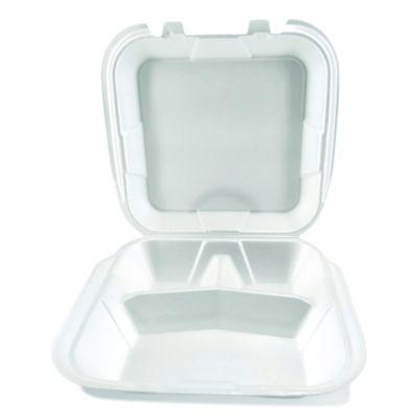 Foam Hinged Lid Containers, 3-Compartment, 9 x 9 x 3, White, Foam, 200/Carton