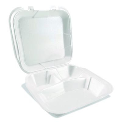 Foam Hinged Lid Containers, 3-Compartment, 9 x 9 x 3, White, Foam, 200/Carton