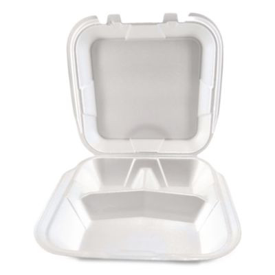 Foam Hinged Lid Containers, 3-Compartment, 9 x 9 x 3, White, Foam, 200/Carton
