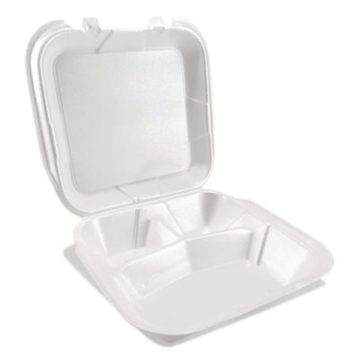 Foam Hinged Lid Containers, 3-Compartment, 9 x 9 x 3, White, Foam, 200/Carton