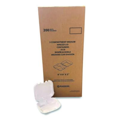 Foam Hinged Lid Containers, 3-Compartment, 8.56 x 8 x 2.76, White, Foam, 200/Carton