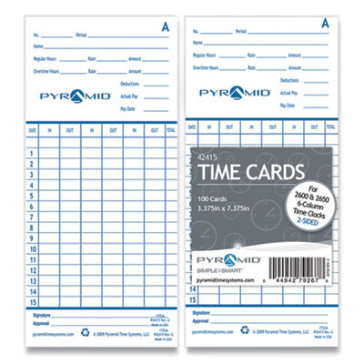 Time Clock Cards For Pyramid Technologies 2000/6000, Two Sides, 3.38 X 7.44, 100/Pack