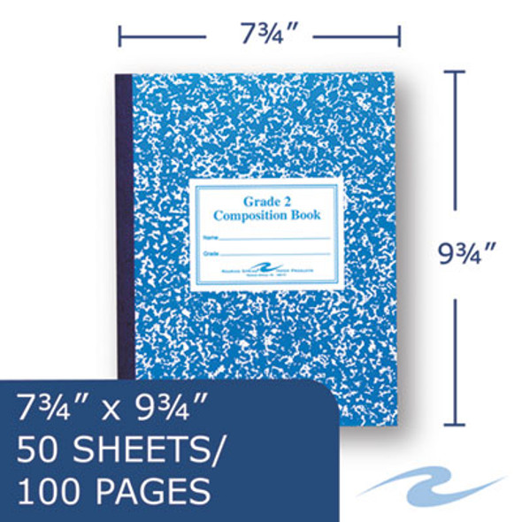 Grade School Ruled Composition Book, Grade 2 Manuscript Format, Blue Marble Cover, (50) 9.75 x 7.75 Sheets