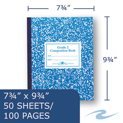 Grade School Ruled Composition Book, Grade 2 Manuscript Format, Blue Marble Cover, (50) 9.75 x 7.75 Sheets