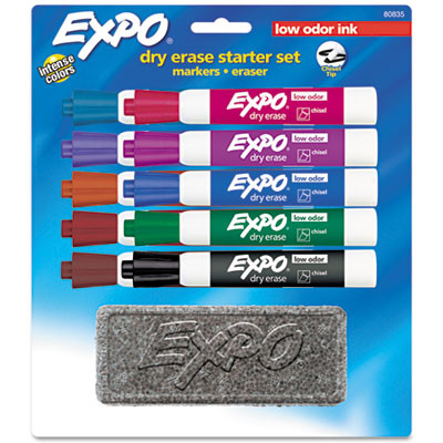 Low-Odor, Dry Erase 10-Color Marker And Eraser Set, Broad Chisel Tip, Assorted Colors, 10/Set