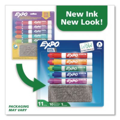 Low-Odor, Dry Erase 10-Color Marker And Eraser Set, Broad Chisel Tip, Assorted Colors, 10/Set