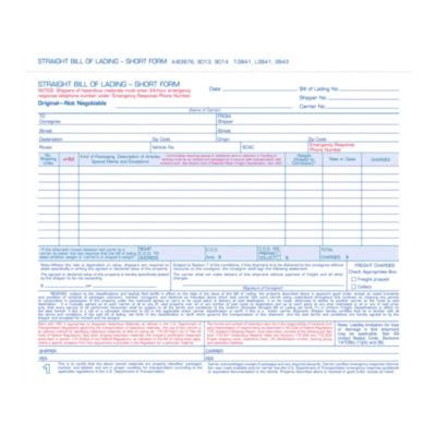 Bill Of Lading - Short Form For Up To Ten Articles, Three-Part Carbonless, 8.5 x 6.94, 50 Forms Total