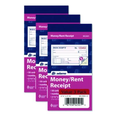Money/Rent Receipt Book, Two-Part Carbonless, 4.88 x 2.75, 50 Receipts/Book, 3 Books/Pack