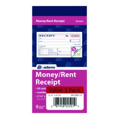 Money/Rent Receipt Book, Two-Part Carbonless, 4.88 x 2.75, 50 Receipts/Book, 3 Books/Pack